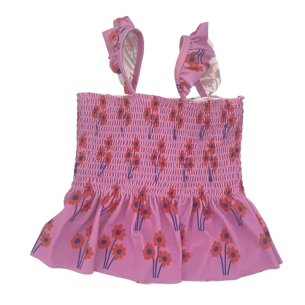Hanna Andersson Girls Pink Floral Smocked Peplum Tankini Swim Top 110cm 5Y